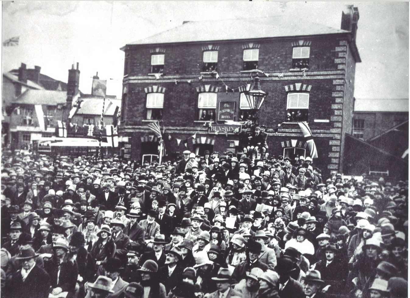 photograph of a crowd outside the town hall in 1928